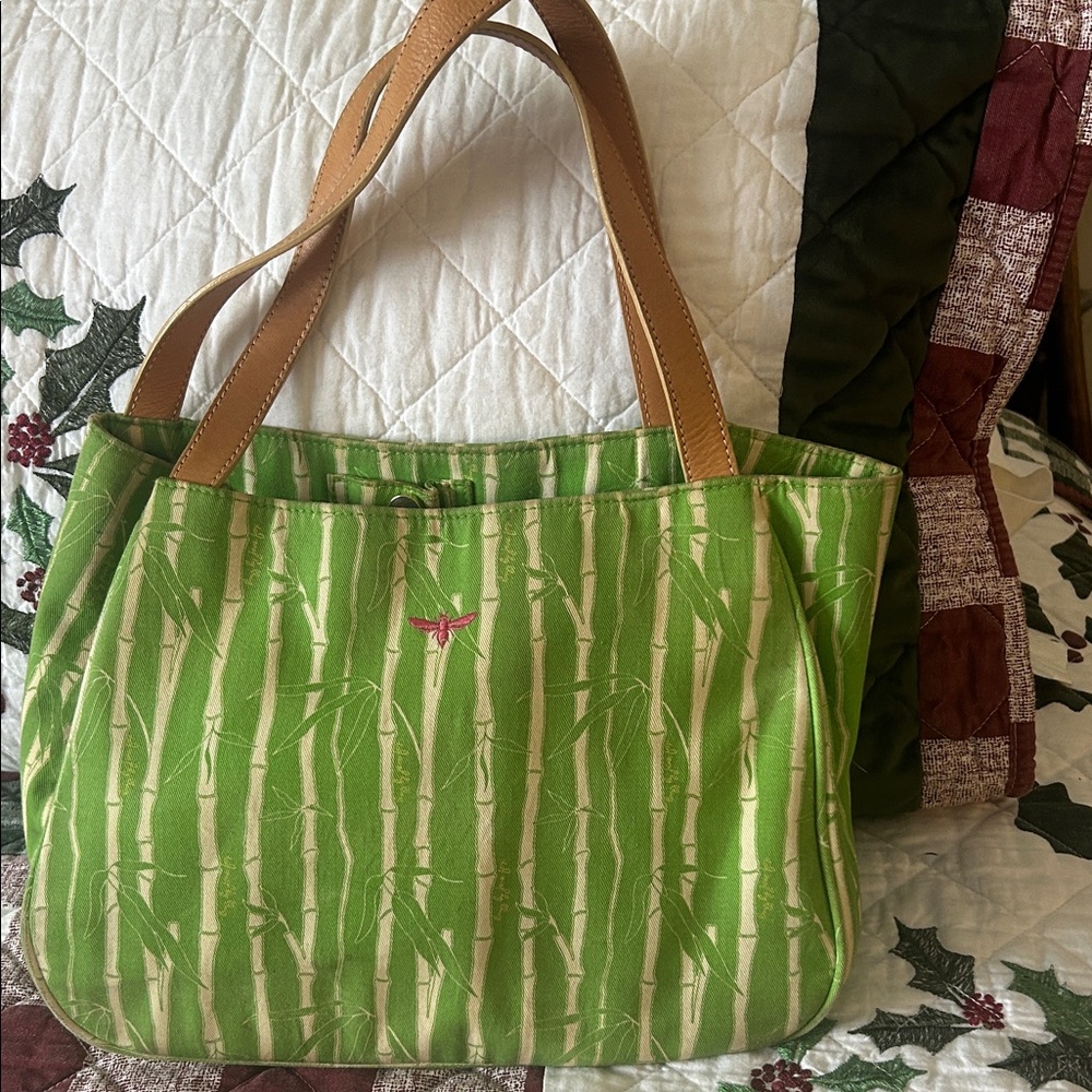 Elegant Green Bamboo Tote with Tan Handles